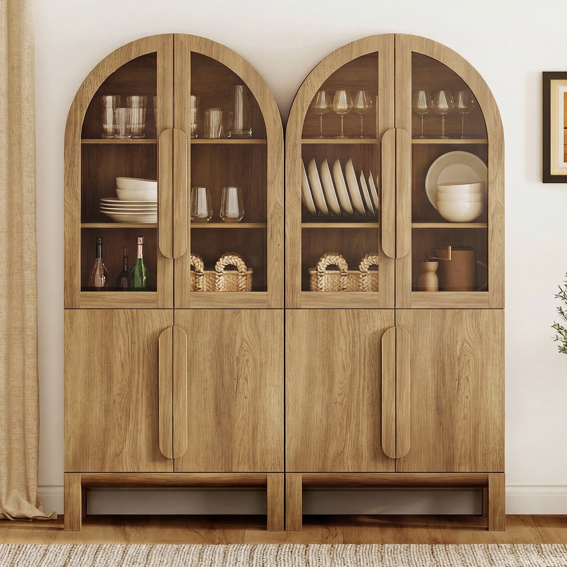 63"W Arched Kitchen Hutch Sideboard, Mid-Century Modern Wooden Buffet Hutch Cabinet with 4 Glass Doors And 3 Tier Shelves