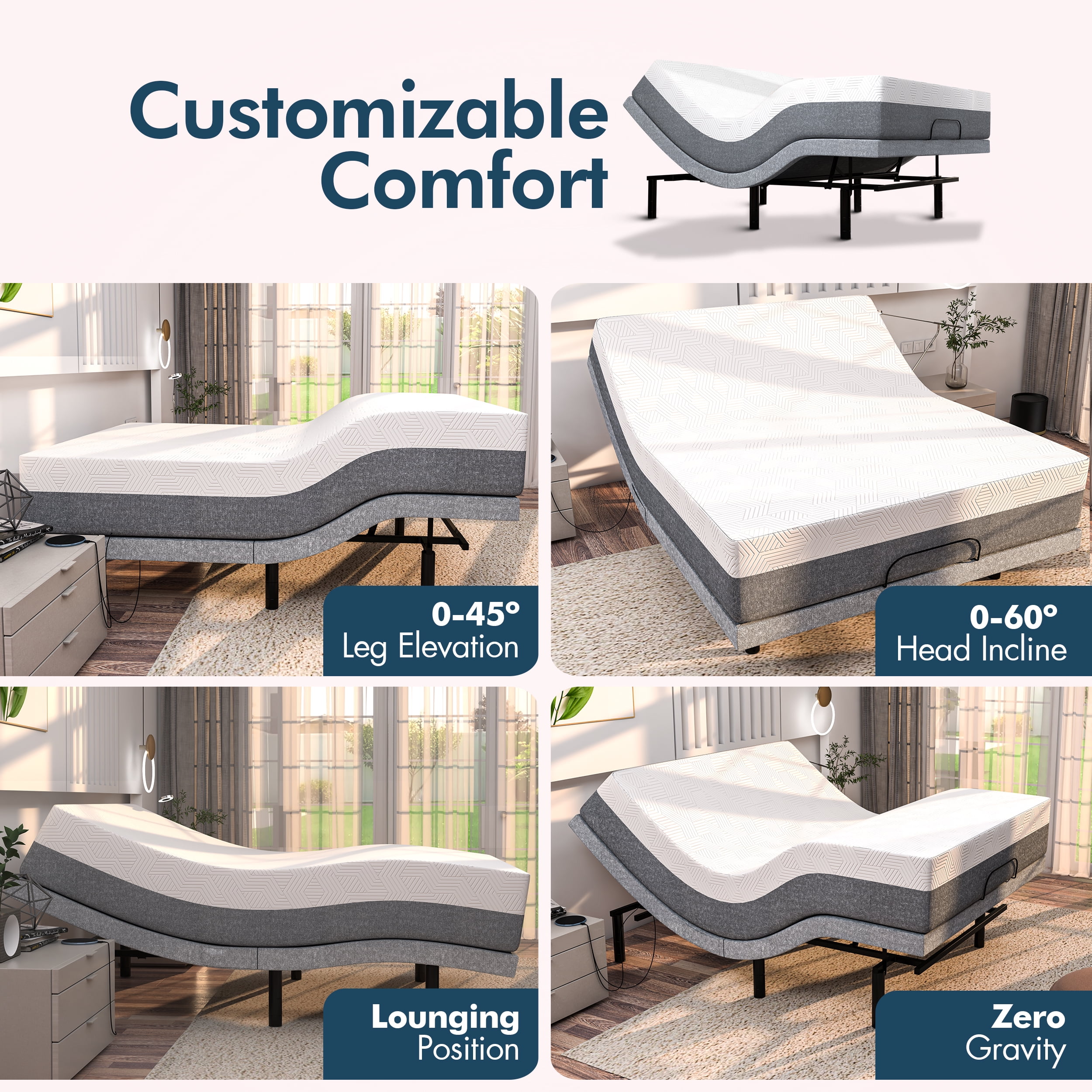 Renanim Queen Bed Frame with Adjustable Dual Massage USB Under Bed Light Zero Gravity App Control Walmart