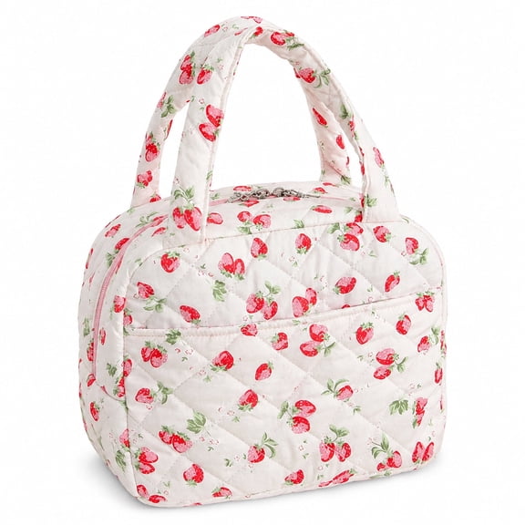 Lunch Bag Quilted Insulated Strawberry Print with Double Handles Front Pocket Zipper for Work School Picnics