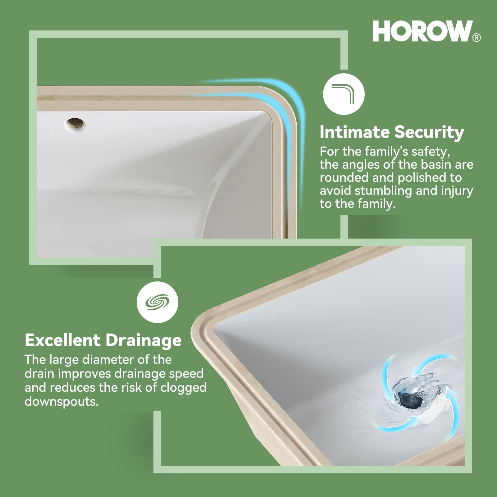 HOROW 20" x 15" White Ceramic Undermount Bathroom Sink, Rectangular Basin with Overflow Hole for Vanity