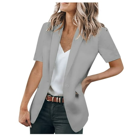 Clearance YOHOME Womens Tops Womens Solid Color Open Front Pocket Cardigan formal Suit Short Sleeve Shirt Jacket Gray XL