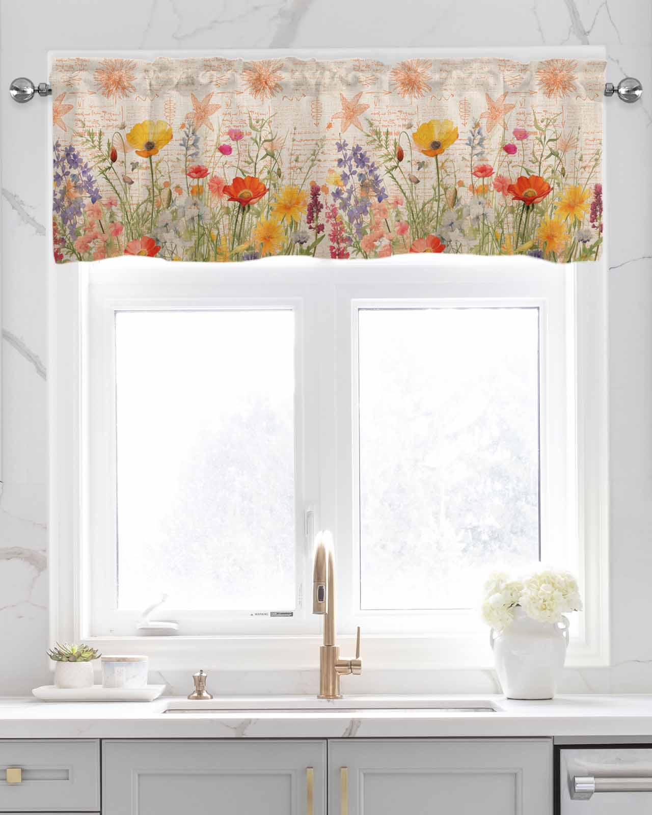 Orange Floral Linen Curtain Valance for Bedroom/Bathroom/Kitchen/Office/Living/Dining Room Windows,Vintage Botanical Flower Plant Herbs Rod Pocket Topper Drapes Decorative Cafe Drapery Panel 42x18