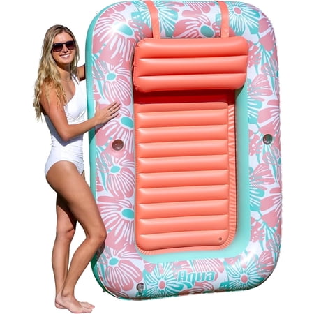 Aqua- Leisure Tanning Lounger Float - Inflatable Lounge for Adults - Large 71" x 48” - Pink Flower Coral