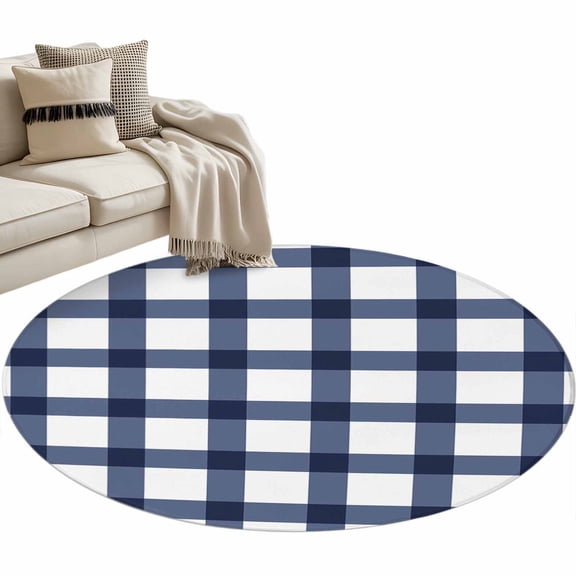 Navy Blue Plaid Check, Round Area Rug 3 FT, Small Kitchen Bathroom Mat, Geometrical Abstract Lattice Washable Indoor Outdoor Throw Runner Carpet Non-Shedding Doormat for Table Shower Sofa Entryway
