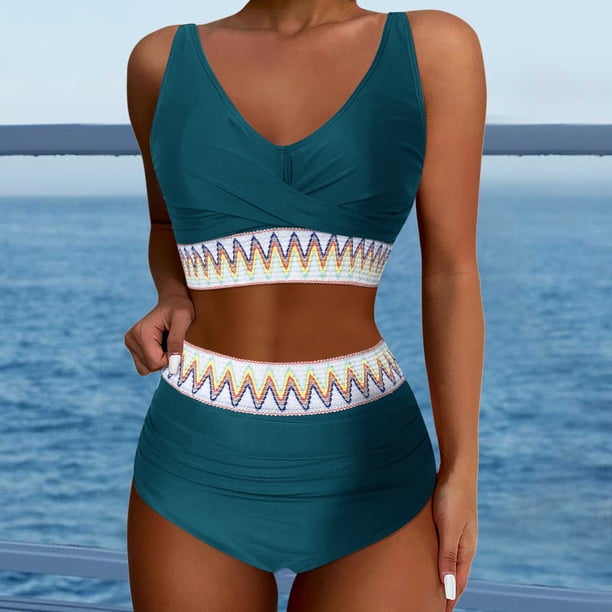 WILLBEST Traje de Baño de Natación conjuntos de Bikini de Cintura Alta para Mujer Trajes de Baño de Dos Piezas de Corte Alto Trajes de Baño deportivos con Bloques de Color