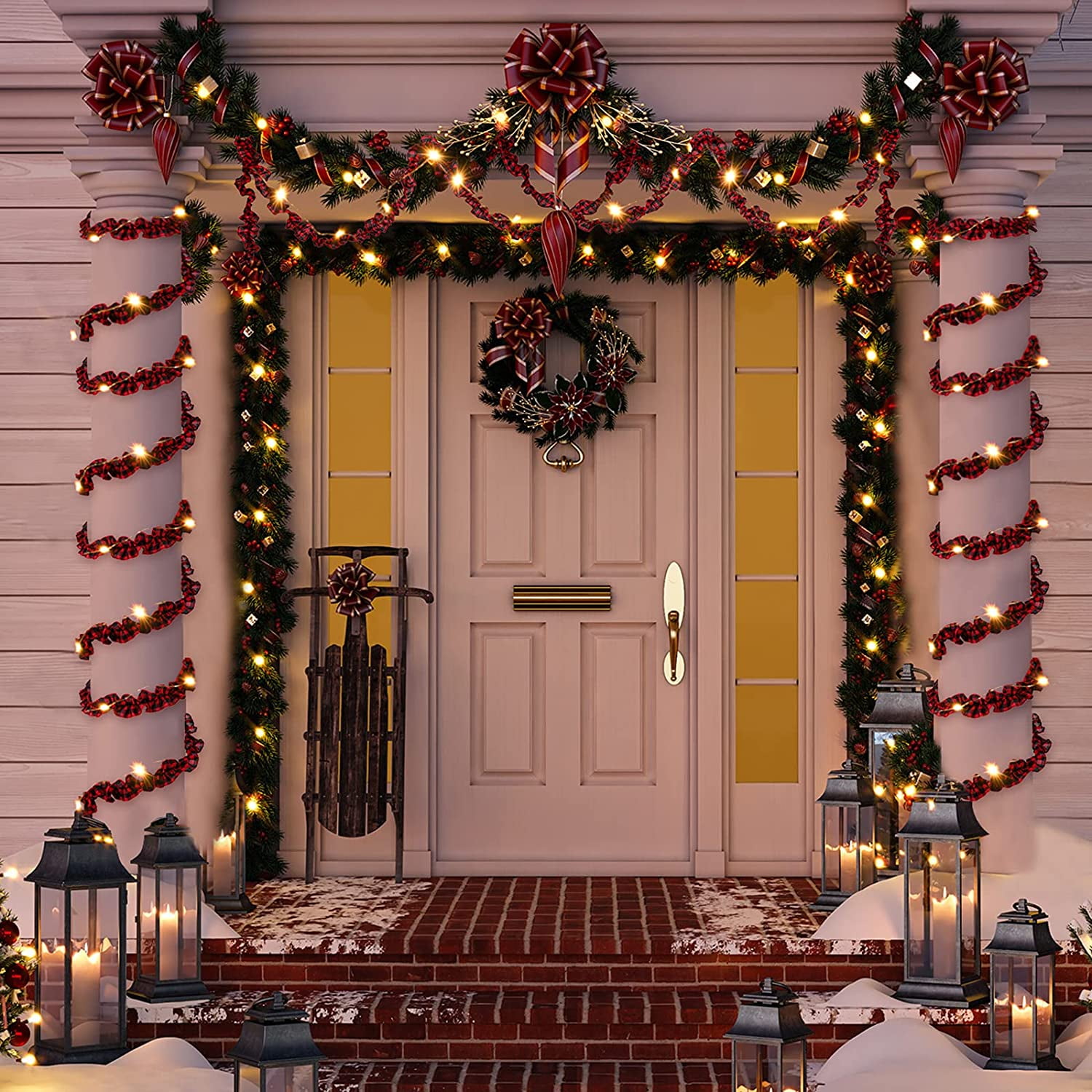 27 Feet Christmas Tree Buffalo Plaid Garland with Led Lights, Plaid Red and Black Buffalo Check Fabric Tree Ribbon Garland Farmhouse Home Country Xmas Holiday Decor