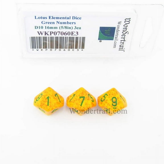 Lotus Elemental Dice with Green Numbers D10 16mm (5/8in) Pack of 3 Wondertrail