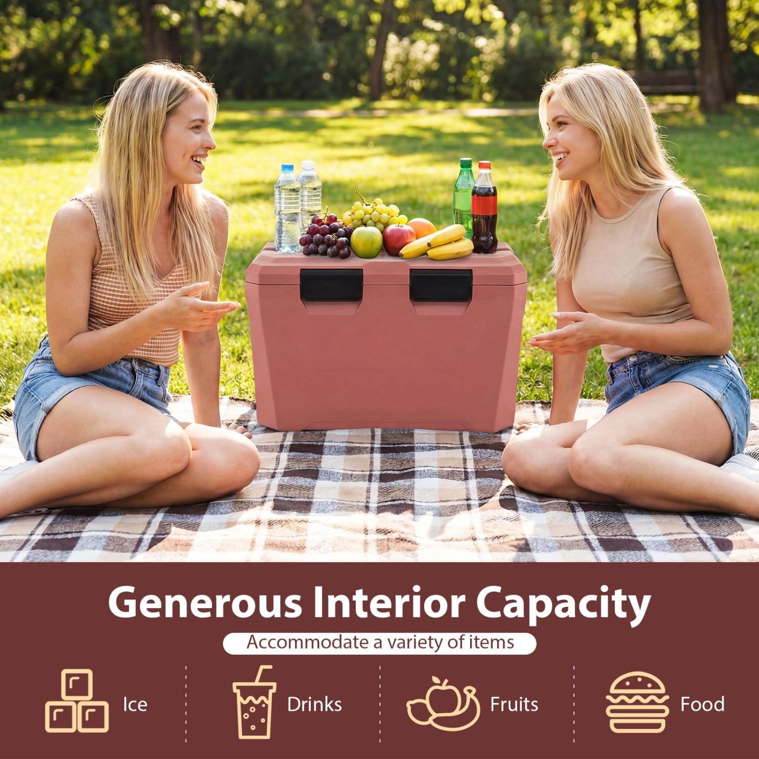 Resenkos Portable Insulated Hard Shell Ice Chest with Cup Holders Bottle Opener and Drain Plug, Waterproof Outdoor Cooler for Beach and Travel, Pink