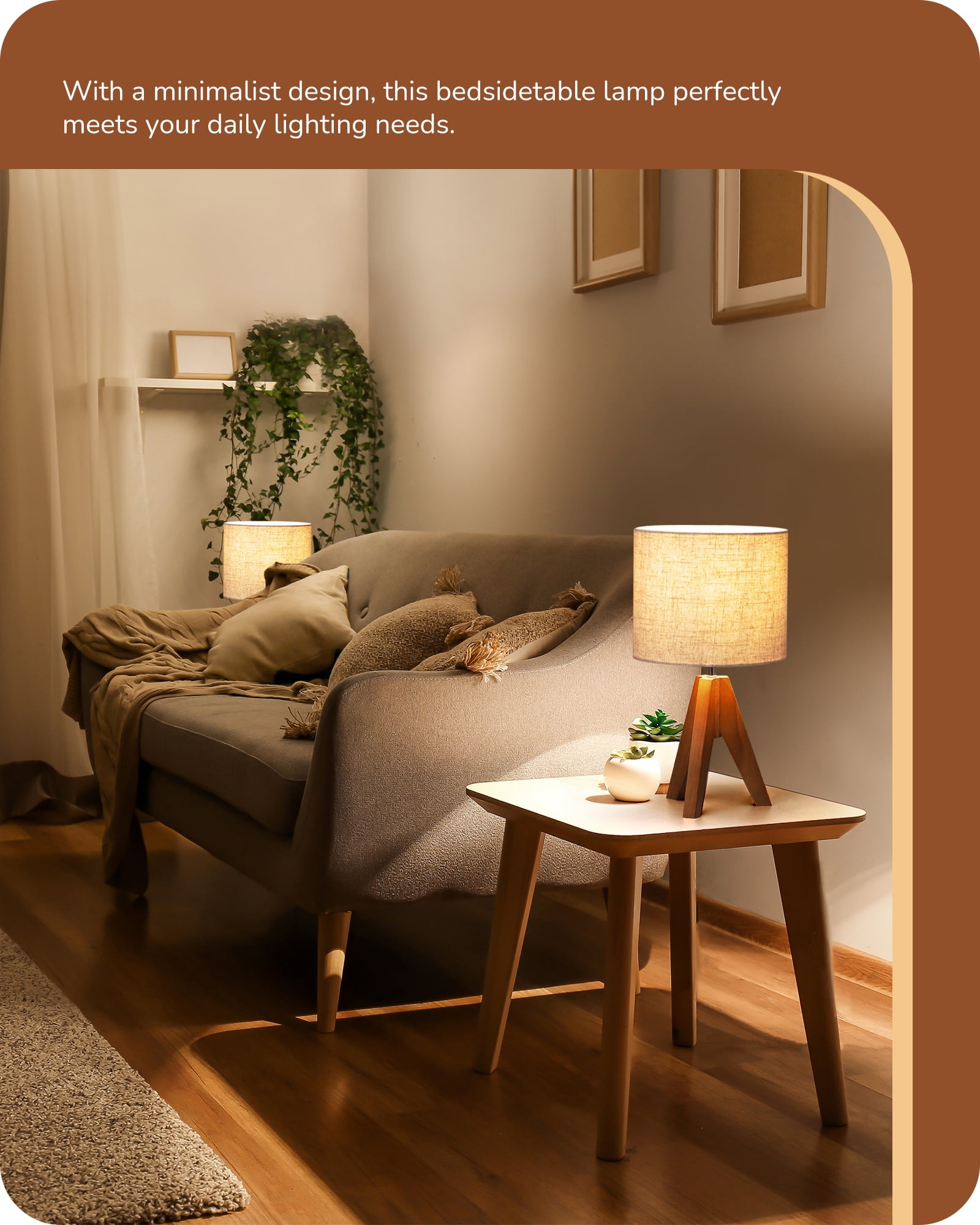 EDISHINE Small Bedside Table Lamp, Geometric Modern Wood Tripod Nightstand Lamp with Soft Light-14.2 inch