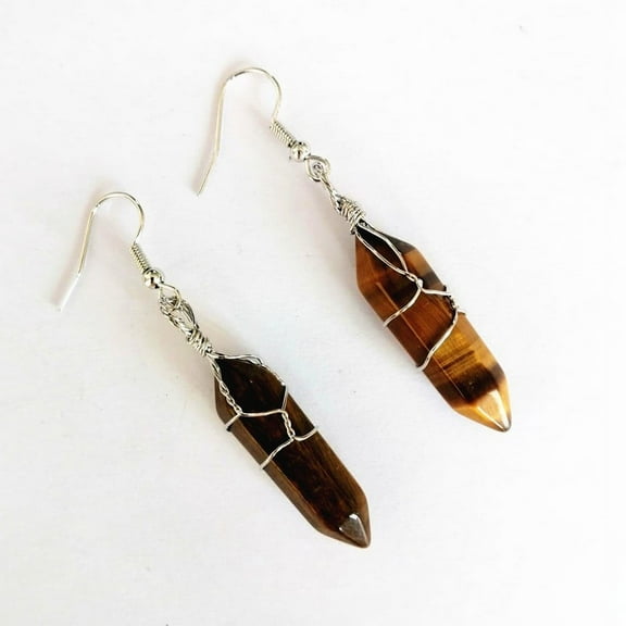 Zhuge suitable for both men and women, natural stone crystal silver thread wrapped hexagonal pendant earrings (brown)