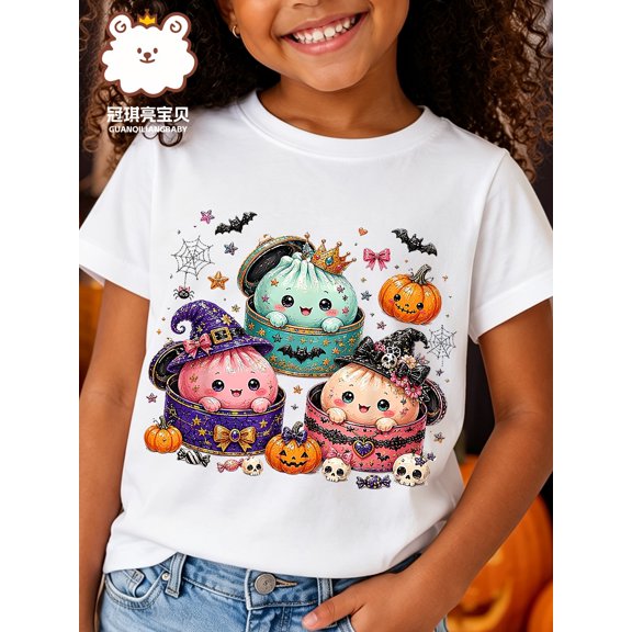 Halloween Girls T-Shirt Cute Halloween Characters Print Design 100% Cotton Short Sleeve Tees Gift For Kids