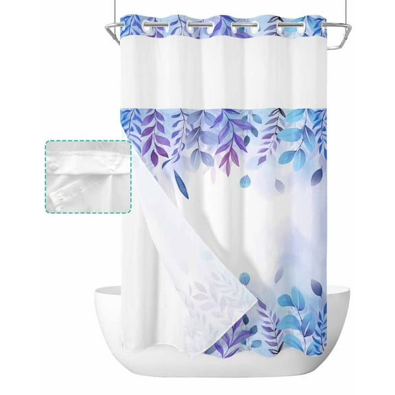 No Hook Shower Curtain with Snap in Liner, Purple Dream Eucalyptus Leaf Watercolor Hotel Shower Curtains for Bathroom, Washable Shower Curtain Liner Set with Mesh Top Window, 36"x72"