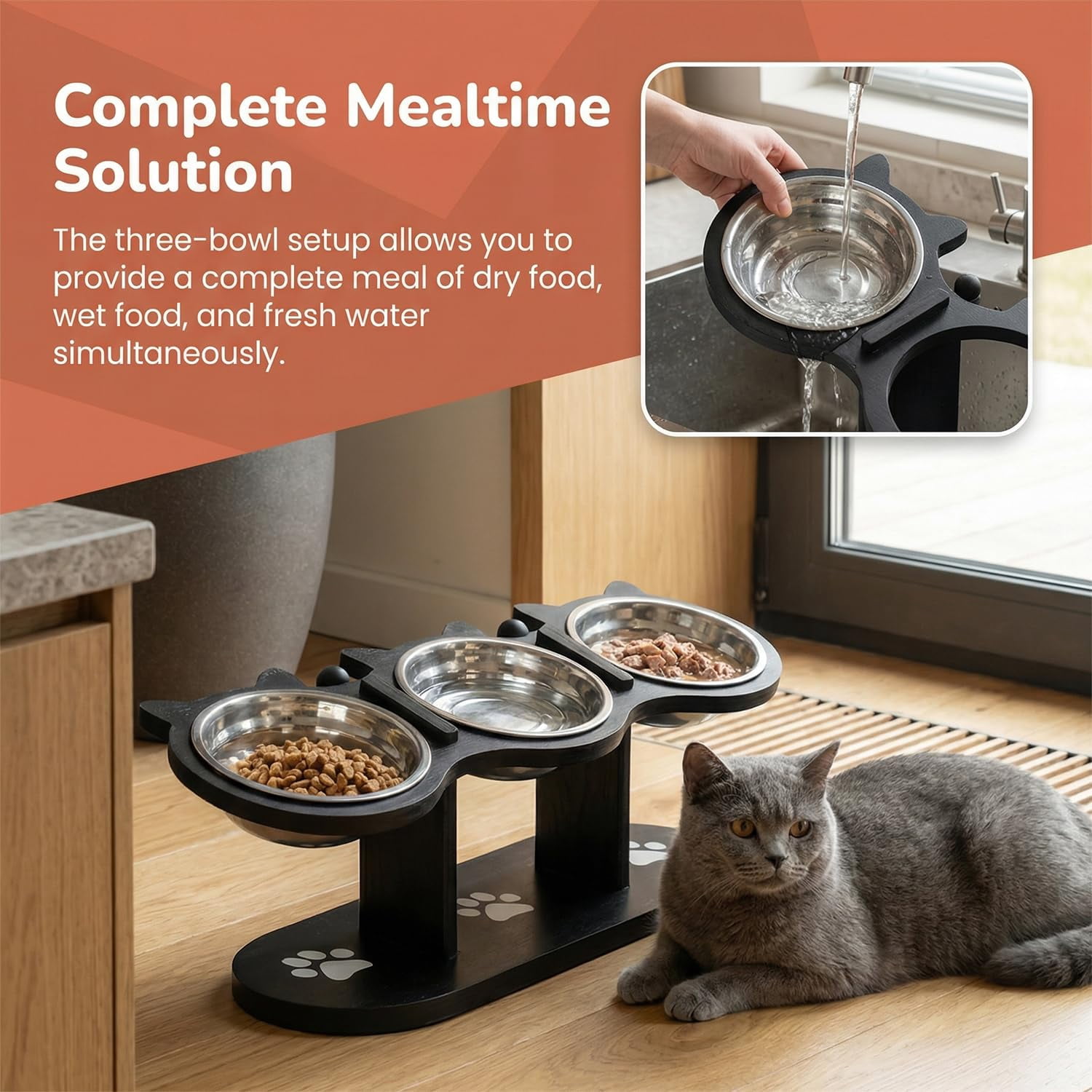 2026 Upgraded Anti-Slip Elevated 3-Bowl Pet Feeder, Cat Feeding Station with 3 Stainless Steel Bowls, 15° Tilted Adjustable Height Raised Pet Food Bowls with Stand for Dogs and Cats