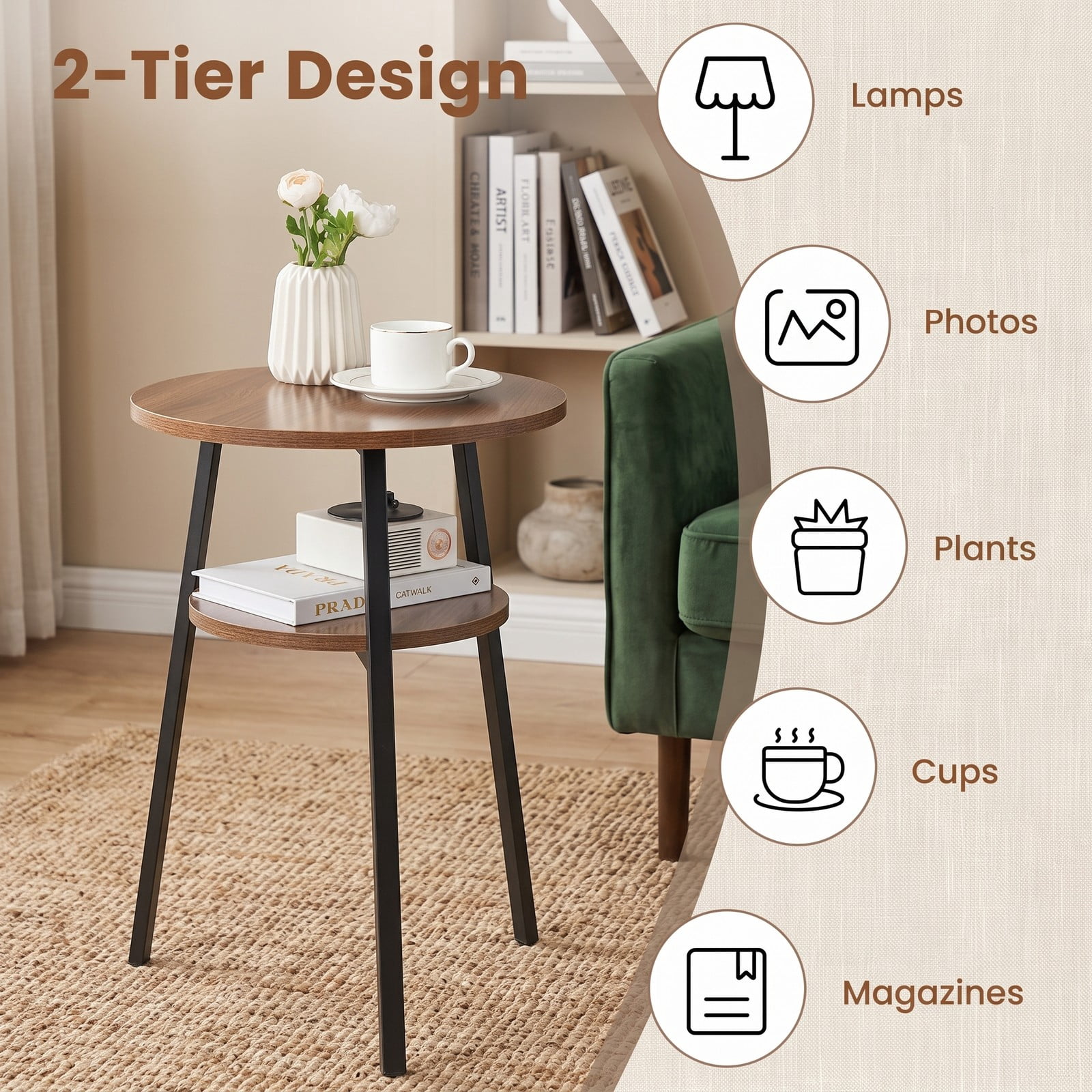 Furnibear 2-Tier Round End Table Set of 2, Nightstand Side Table with Open Storage Shelf and Triangular Metal Frame for Living Room Bedroom Hallway, Walnut