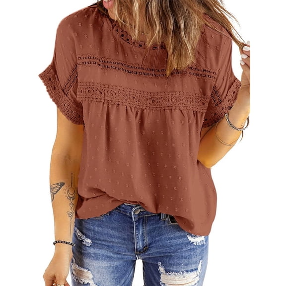 UVN Summer Shirts for Women Short Sleeve Blouses Ladies Crewneck Lace Crochet Tops Dressy Chiffon Blouses