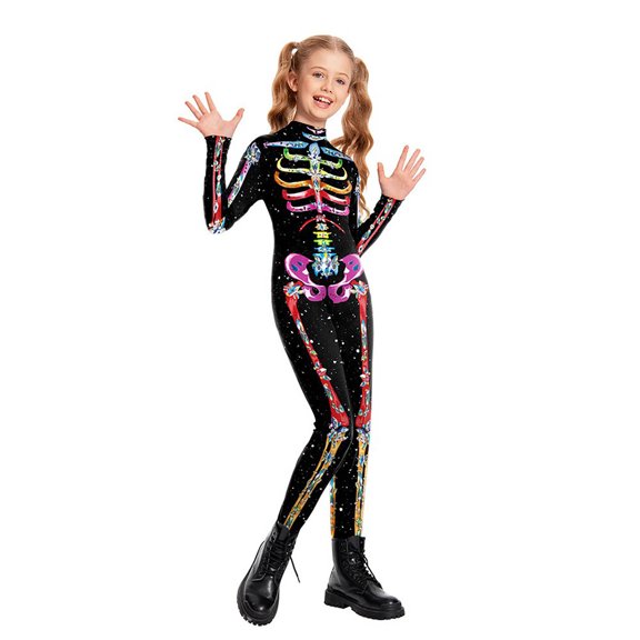 Halloween Skeleton Jumpsuit, Mock Neck Long Sleeve Bodysuit with Vivid Rose & Bone Print for Stage Performance (1 PC) Black L