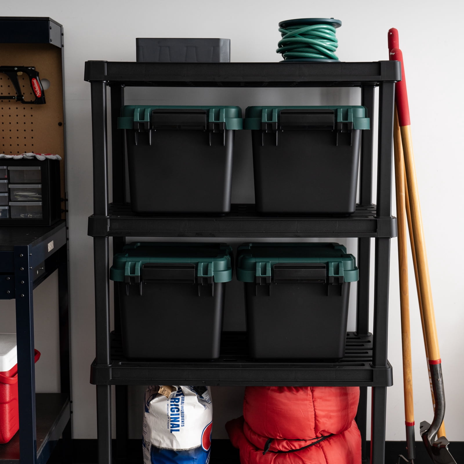 Remington 30 Qt Heavy Duty Trail Box, Stackable Storage Bin with Latching Lids, Black, 4Pk