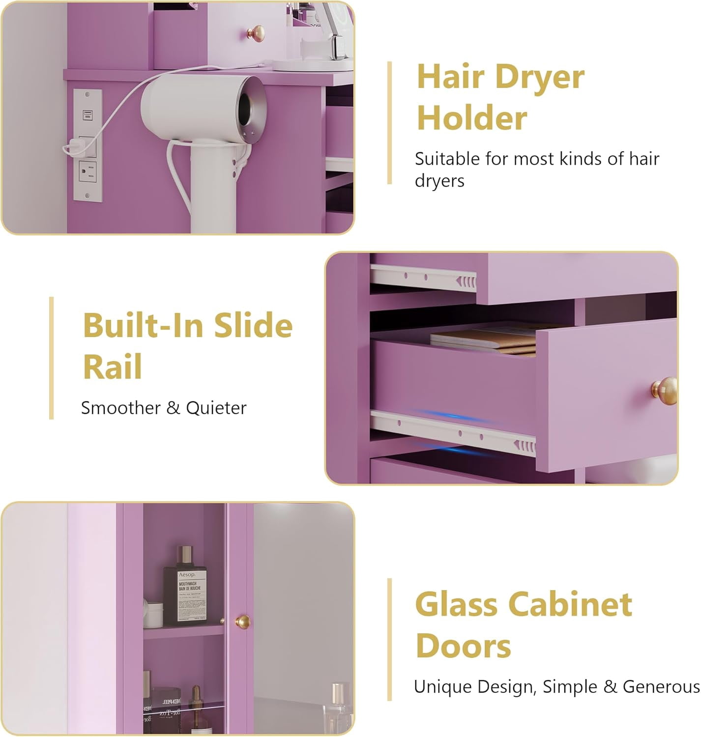 FANRAL 43.7" Vanity Desk with 10 Mirror Lights & Under-Table RGB,Charging Station & Hair Dryer Holder,Multi-Storage Dressing Table for Bedroom Bathroom,Purple Vanity