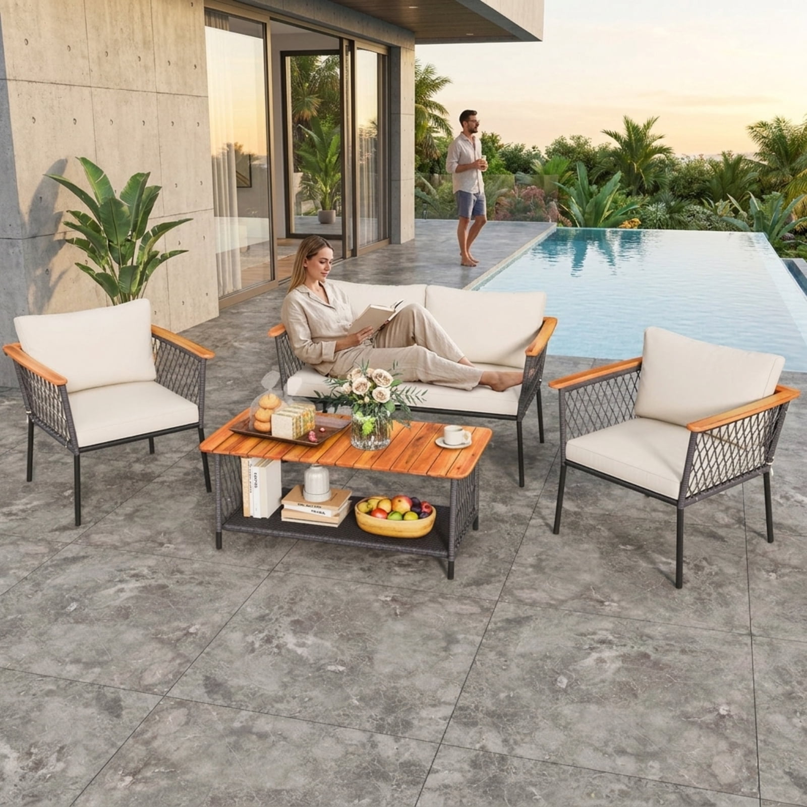 Furnibear 4 Piece Patio Furniture Set Outdoor Wicker Conversation Set with Cushioned Sofas and 2 Tier Coffee Table for Backyard Garden, Gray