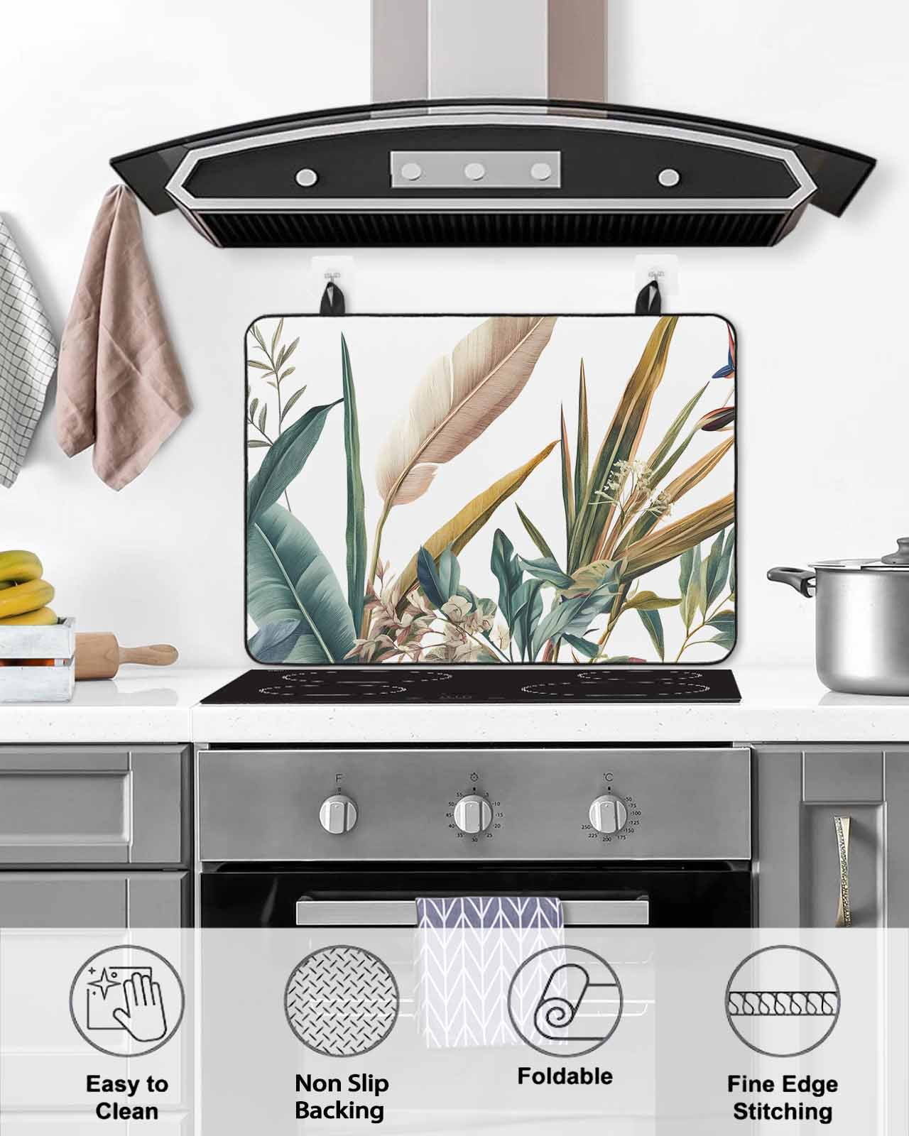 nqOlkjepod Large Induction Cooktop Protector Mat 24"x21", Vintage Leaves Stove Top Covers for Electric Stove, Watercolor Botanical Summer Decorative Stove Burner Cover Mats, Glass Top Stove Cover
