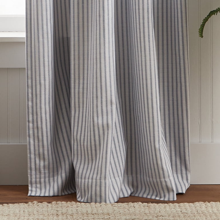 Martha Stewart Ticking Stripe Blackout Curtain Panel Pair | 95" Length, White/Indigo, Rod Pocket & Back Tabs