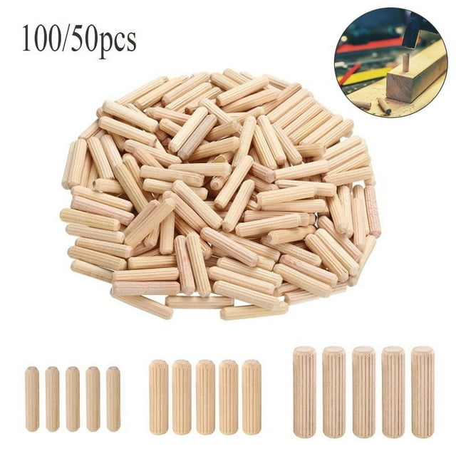 100/50 Pcs Goupilles en Bois pour Armoire Tiroir Rondes Cannelées Goupilles en Bois pour Artisanat Ensemble de Tiges pour Meubles