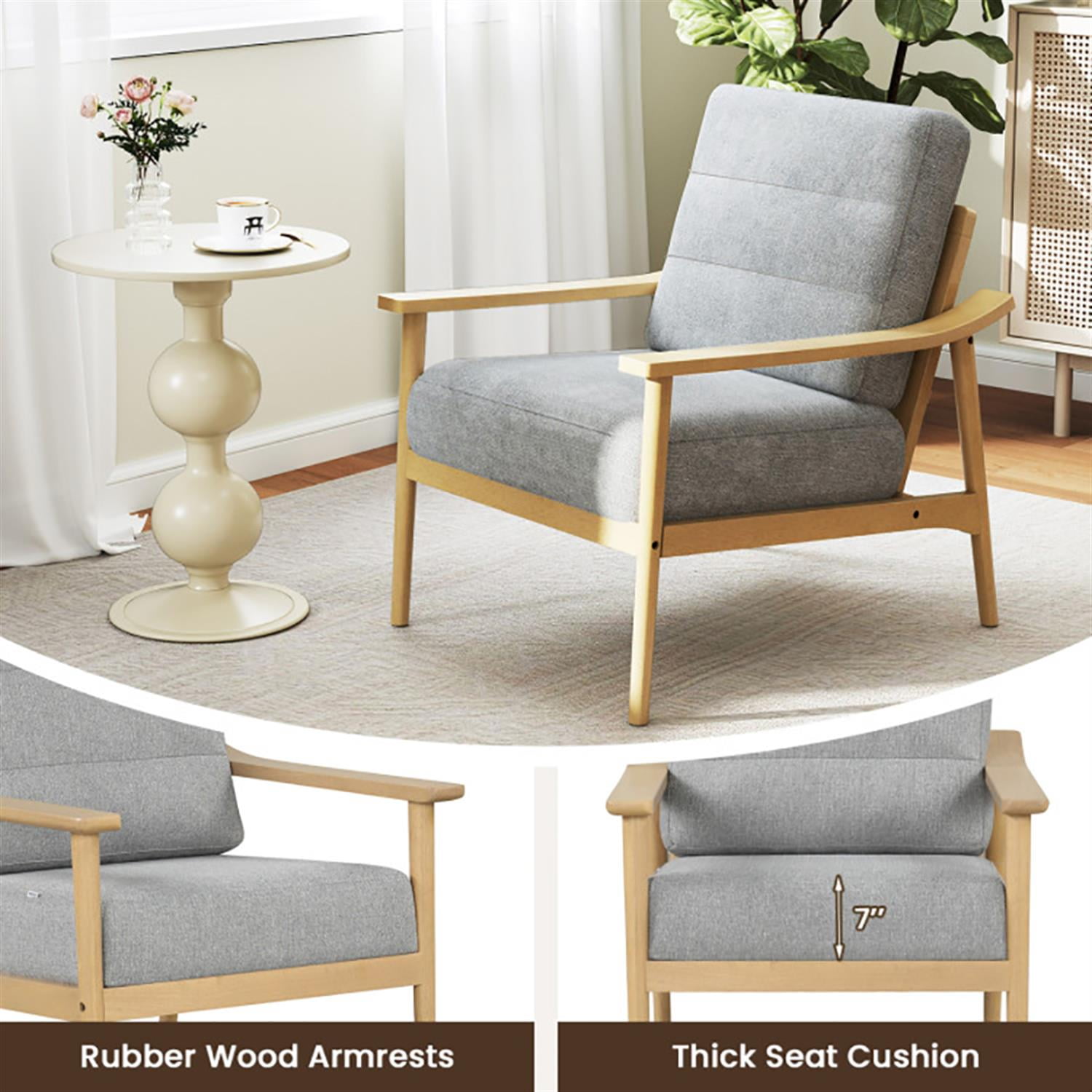 Demi Bonn Modern Accent Chair, Elegant Armchair with Rubber Wood Armrests and Legs, Suitable for Living Room Bedroom Reception Room Office, Beige