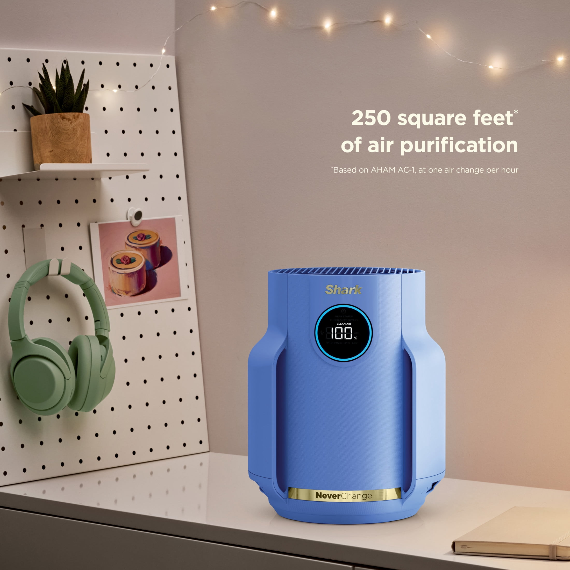 Shark NeverChange Compact Pro 250 Sq. Ft. HEPA Air Purifier, 5-Year HEPA-Exceeding Filter, Captures Pollutants, Pet Dander, Dust, and Smoke, HP070BL Blue