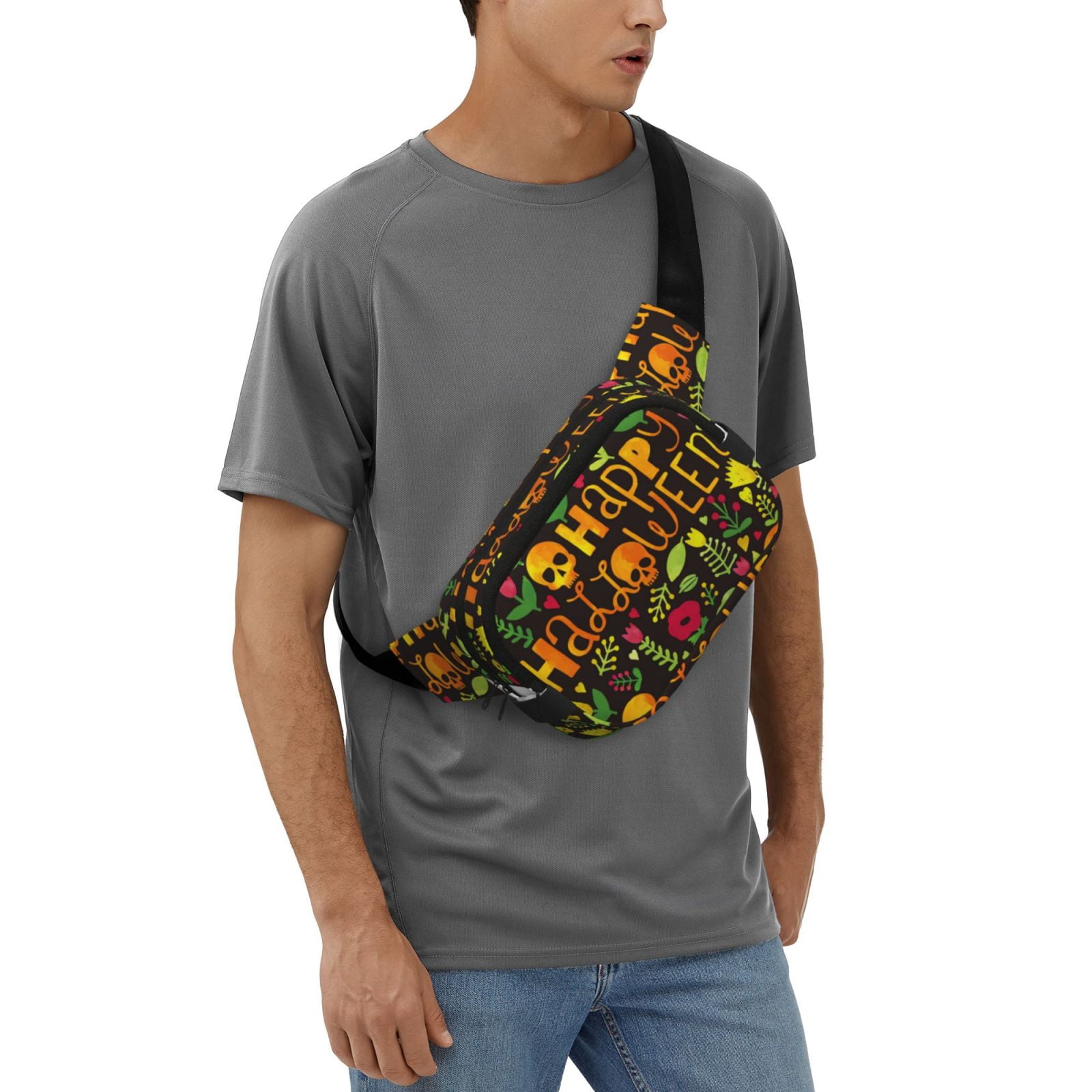 Picia Happy Halloween Floral Print Square Double-Layer Waist Bag Mini Adjustable Waist Belt Bag Exercise Running Travel Hiking