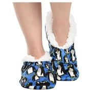 Women’s Fuzzy Slipper Socks with Grippers – Soft Microfiber Outer, Cozy Fleece Lined Indoor House Socks (Penguin, S/m)