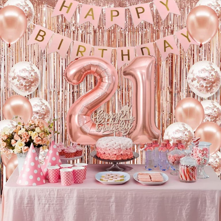 21st Birthday Decorations For Gp27 Nbsp Her Happy Women Rose Gold 21 Banner Crown Sash Cake Topper And Number Balloon Party Com