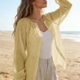 thumbnail image 4 of Gauze Shirts for Women Cotton Linen Beach Cover up Long Sleeve V Neck Button Down Crinkle Breathable Summer Khaki L, 4 of 7