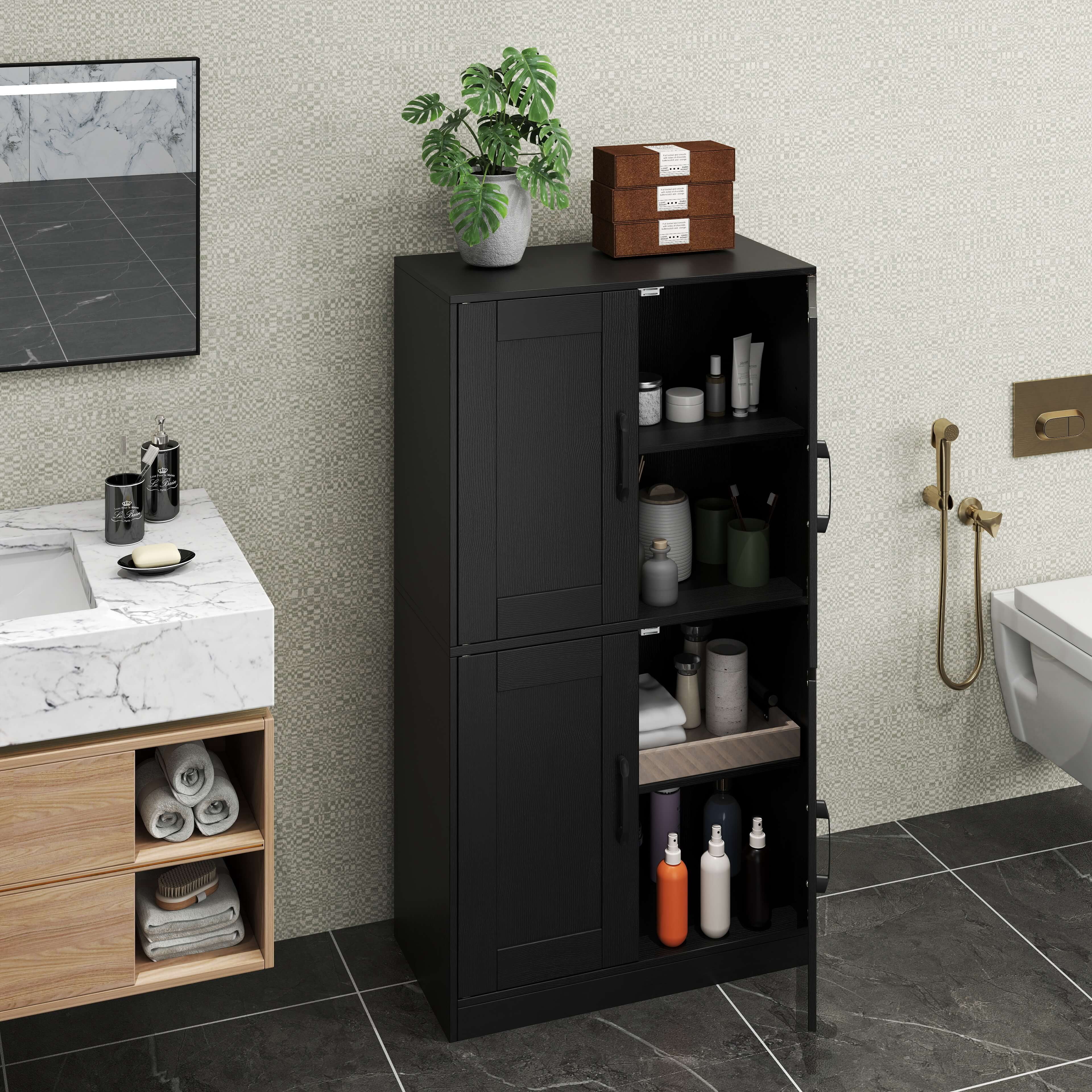 Costway Bathroom Cabinet with Doors & Adjustable Shelves Storage Organizer for Living Room Black