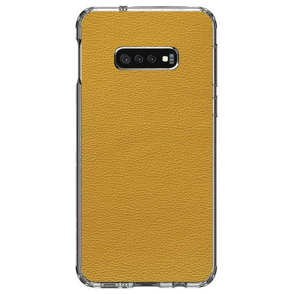 DistinctInk Clear Shockproof Hybrid Case for Samsung Galaxy S10e (5.8" Screen) - TPU Bumper, Acrylic Back, Tempered Glass Screen Protector - Yellow Faux Leather Print Design - Printed Leather Image
