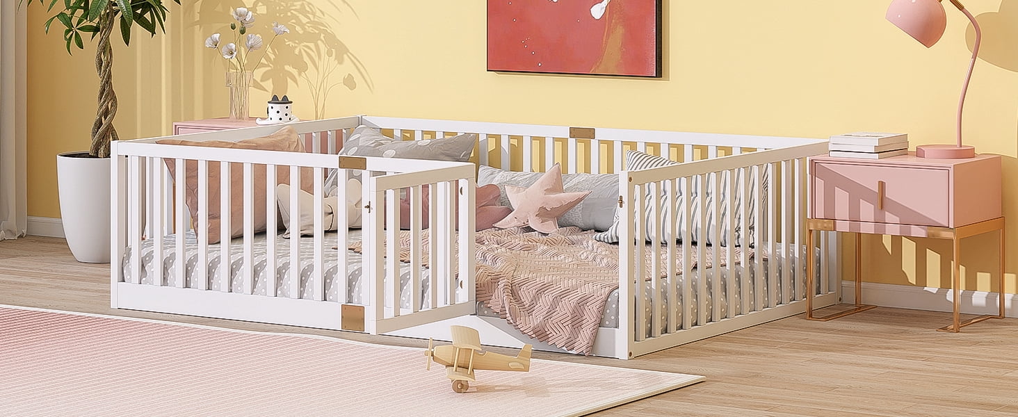 Full Size Rubber Wood Floor Bed with High Fence Railings and Revolving Door, White Safety Guardrails Kids Platform Bed with 6 Support Slats for Compact Bedroom
