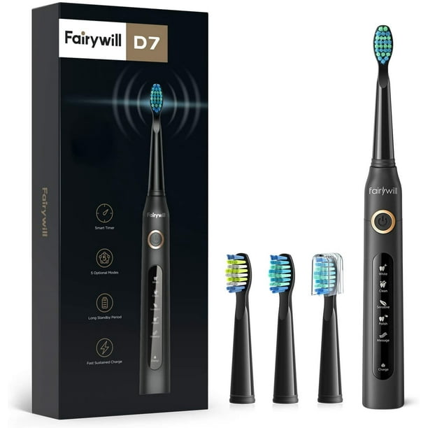 Fairywill Sonic Electric Toothbrush for Adults with 4 Brush heads , Rechargeable Toothbrush with 5 Modes and Smart Timer , ADA Accepted , Black