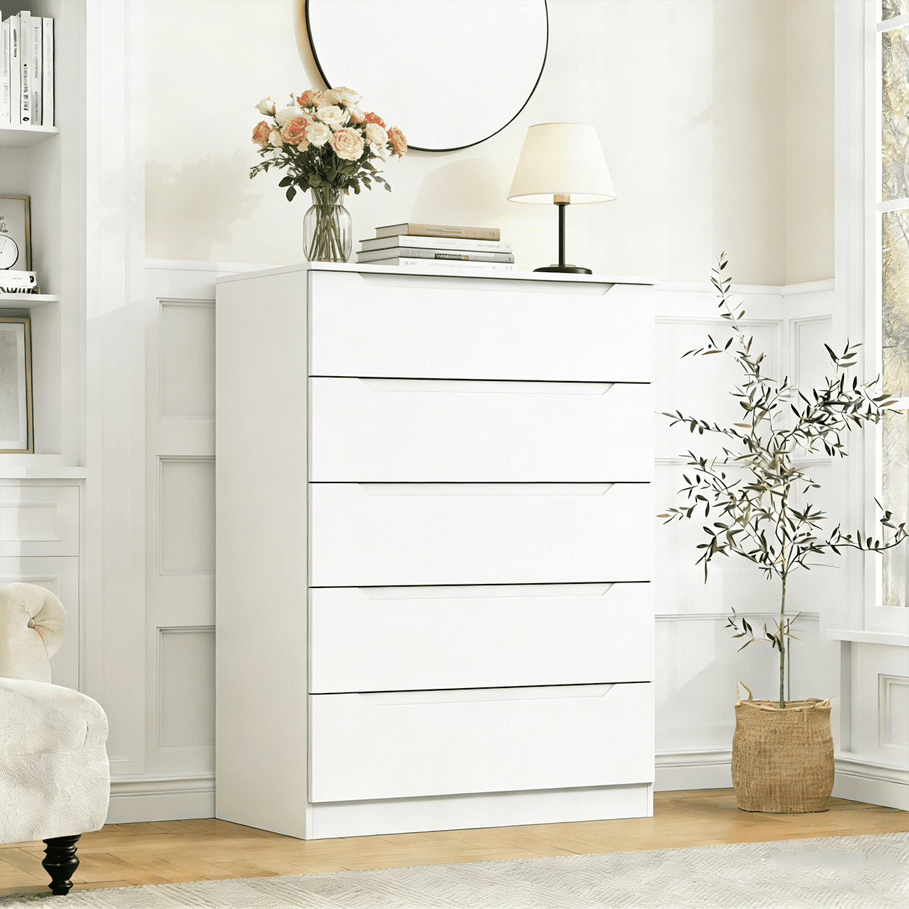 Meteorleg White 5 Drawer Dresser for Bedroom, 48" H Tall Modern Chest of Drawers, Wood Storage Dresser with Deep Drawers for Living Room Hallway Entryway
