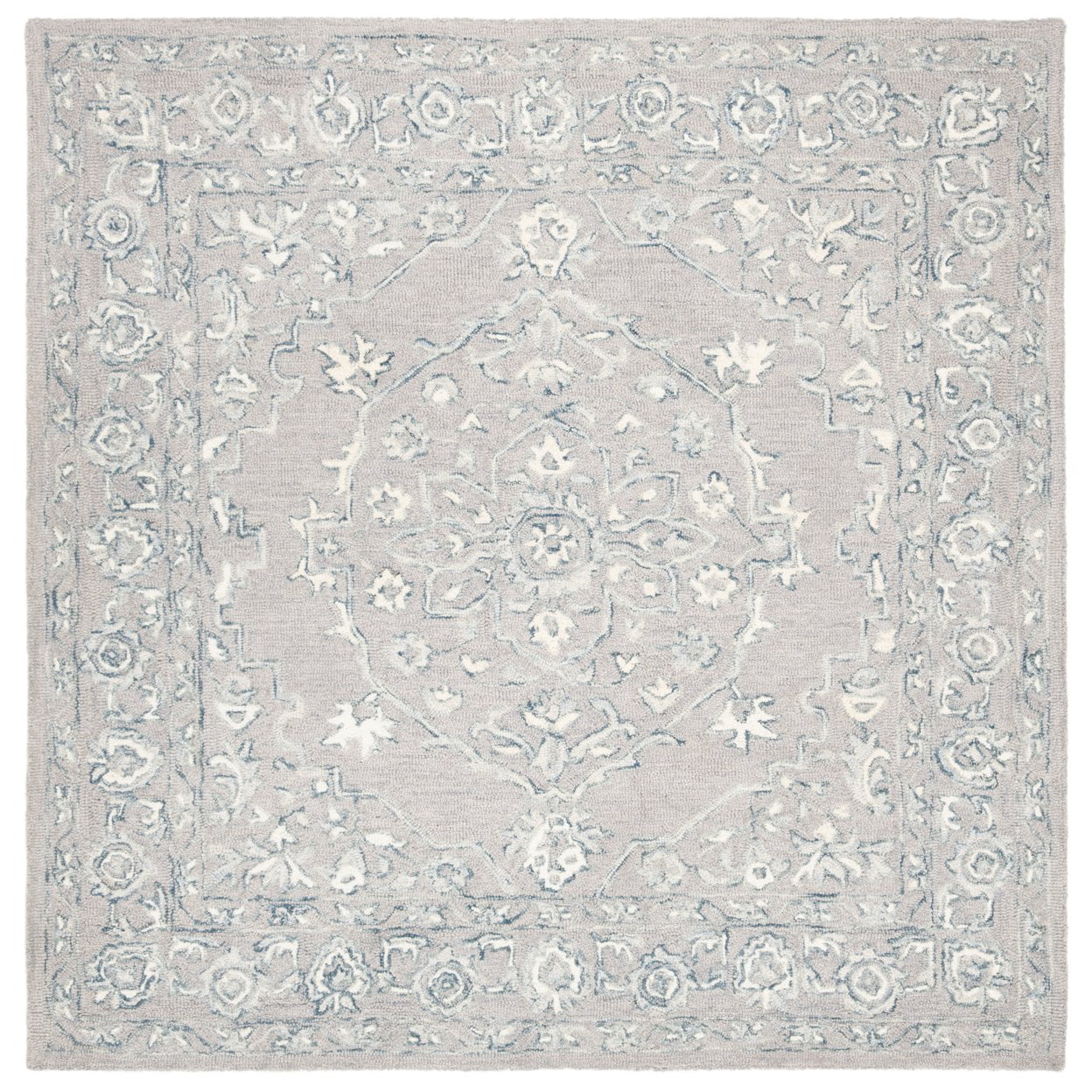 SAFAVIEH Micro-Loop Britton Floral Bordered Wool Area Rug, Light Grey/Ivory, 9' x 12'