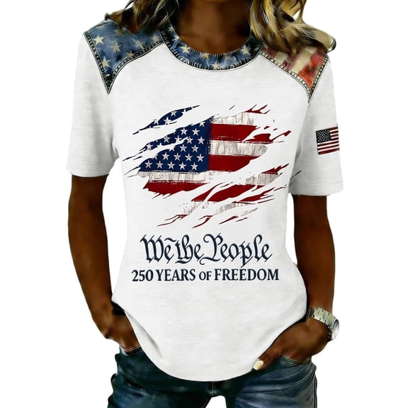LINGLANG Fourth of July Shirts for Women, Patriotic American Flag T Shirt, Summer Casual July 4th USA 250th Anniversary Graphic Tee Tops Loose Fit