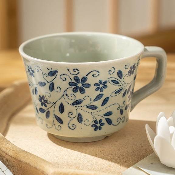 Vintage Floral Ceramic Coffee Mugs - Set of 4 Retro Crackle-Patterned Drinking Cups, 400ml