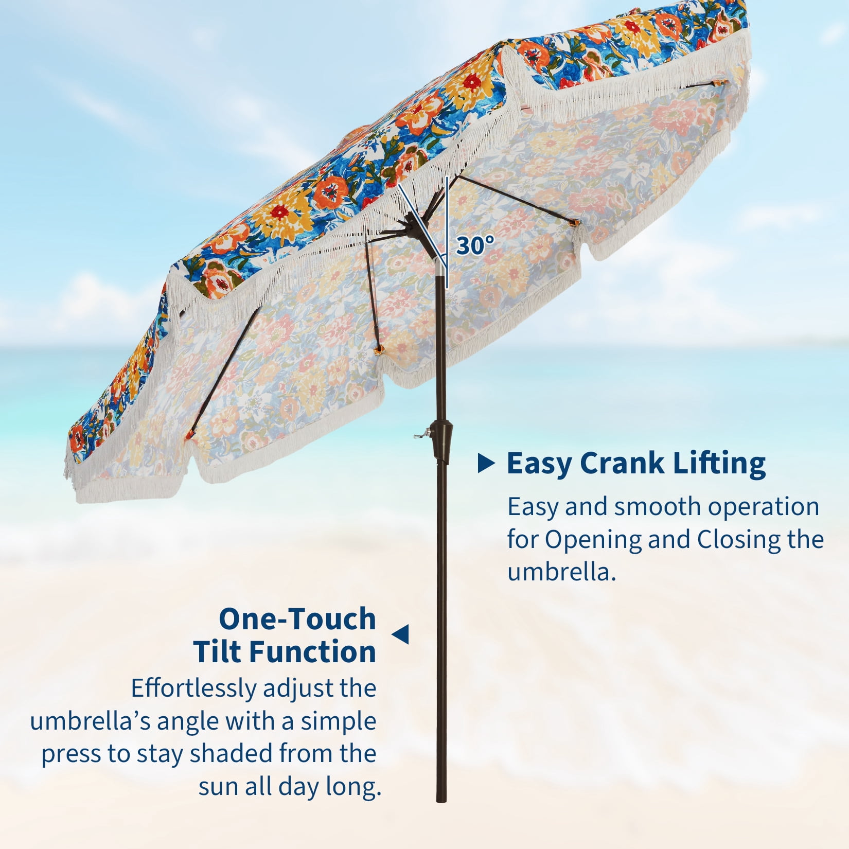 Memoryfield 9FT Fringe Patio Umbrella, UV50+ Sun Protection Outdoor Tassels Beach Umbrella for Garden Pool Backyard, Flower