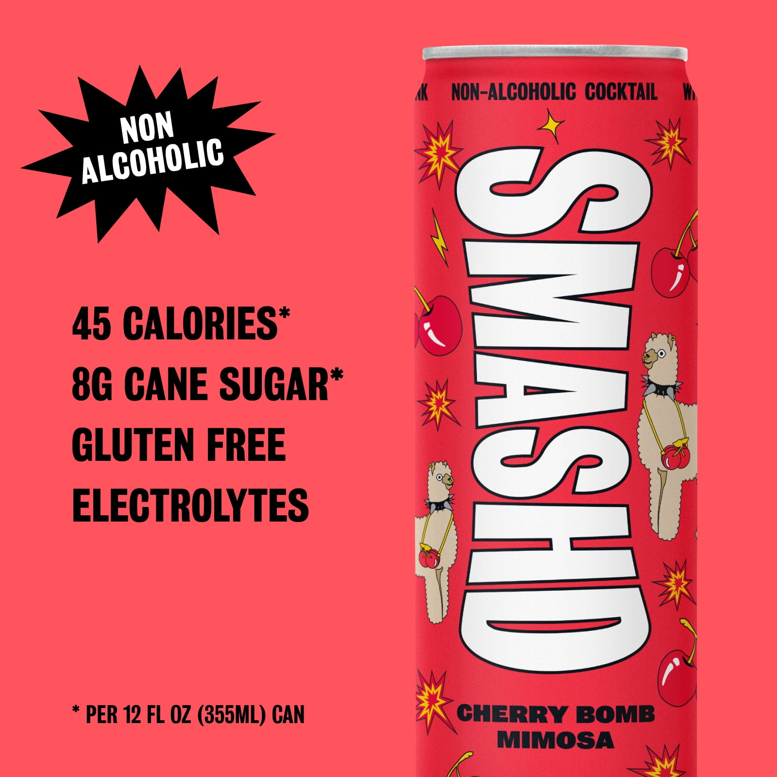 SMASHD Alcohol-Free Mocktails, Non-Alcoholic Beverage Flavored Sparkling Water, Champagne alternative No Artificial Flavors, Caffeine-Free, with electrolytes, 12 Oz&nbsp;Cherry Bomb Mimosa, 12 Pack