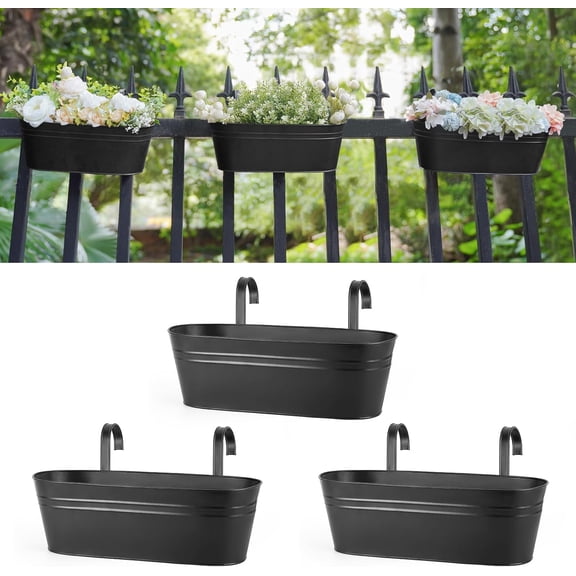 3 Pcs Metal Hanging Flower Pots for Railing Fence Outdoor Planter 15.7 Inch Hanging Bucket Pots Countryside Window Flower Plant Holder with Detachable Hooks for Garden Yard Home Decor,Black