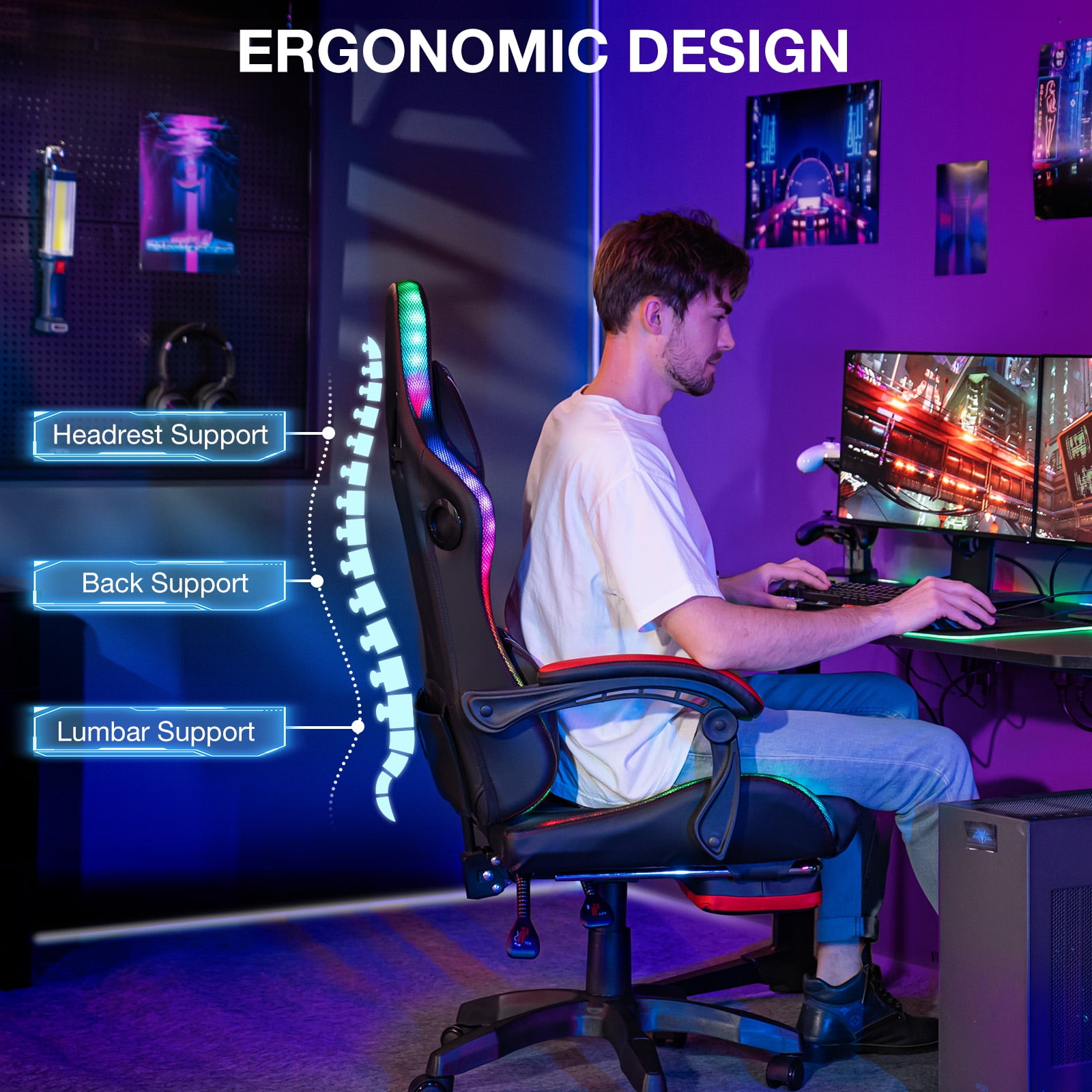 Hoffree Big and Tall Gaming Chair with Speakers Office Chair with Footrest Heavy Duty Gamer Chair with Lumbar Support Height Adjustable 360-Swivel Seat and Headrest for Adults, 400lbs