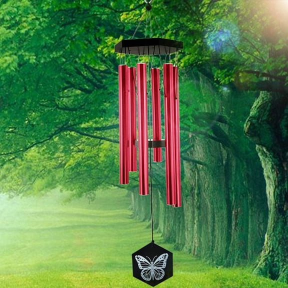 FONMY 33" Butterfly Memorial Wind Chimes with Red Aluminum Tubes and Bamboo Top