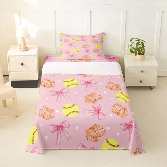 Erosebridal Softball Sports Kids Twin Sheet Sets, Pink Watercolor Bow Bedding, 3 Pieces