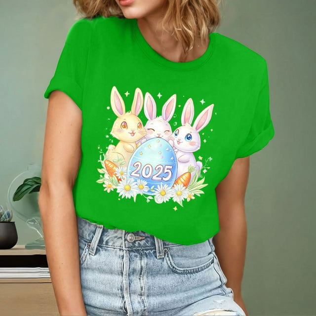 Ounisa T-Shirts à Manches Courtes pour Femmes Col Rond Imprimé Lapin de Pâques Tissu Doux Coupe Ample Printemps Été 2026 Mode Décontractée Quotidienne Confortable Tendance Basique Hauts P-2TG