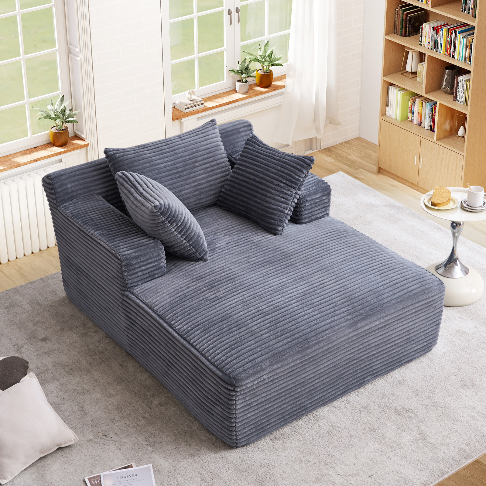 Lunale Chaise Lounge Indoor, Oversized Upholstered Lounge Chair, Plush Sleeper Sofa Bed, No Assembly Required, Gray Corduroy