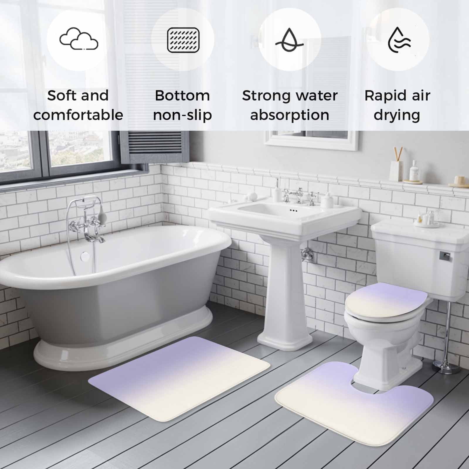 Ombre White Bath Mat 3 Piece Bathroom Rug Set, Romatic Purple Art Non Slip Bath Rug Contour Mat and Toilet Lid Cover, Absorbent Shower Mats Soft Bath Rugs and Mats Sets