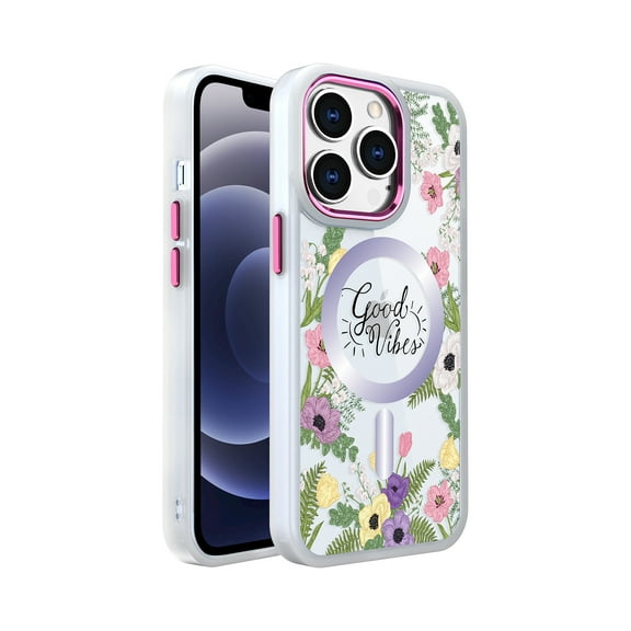 For Apple iPhone 13 Pro Max (6.7") Hybrid Flower Quotation Design Fashion Hard PC with MagSafe Compatible Cover ,Xpm Phone Case [ Good Vibes ]